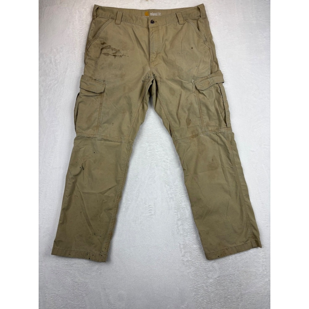 Carhartt Mens 38x32 Relaxed Fit Cargo Pants Tan Ripstop Distressed Workwear